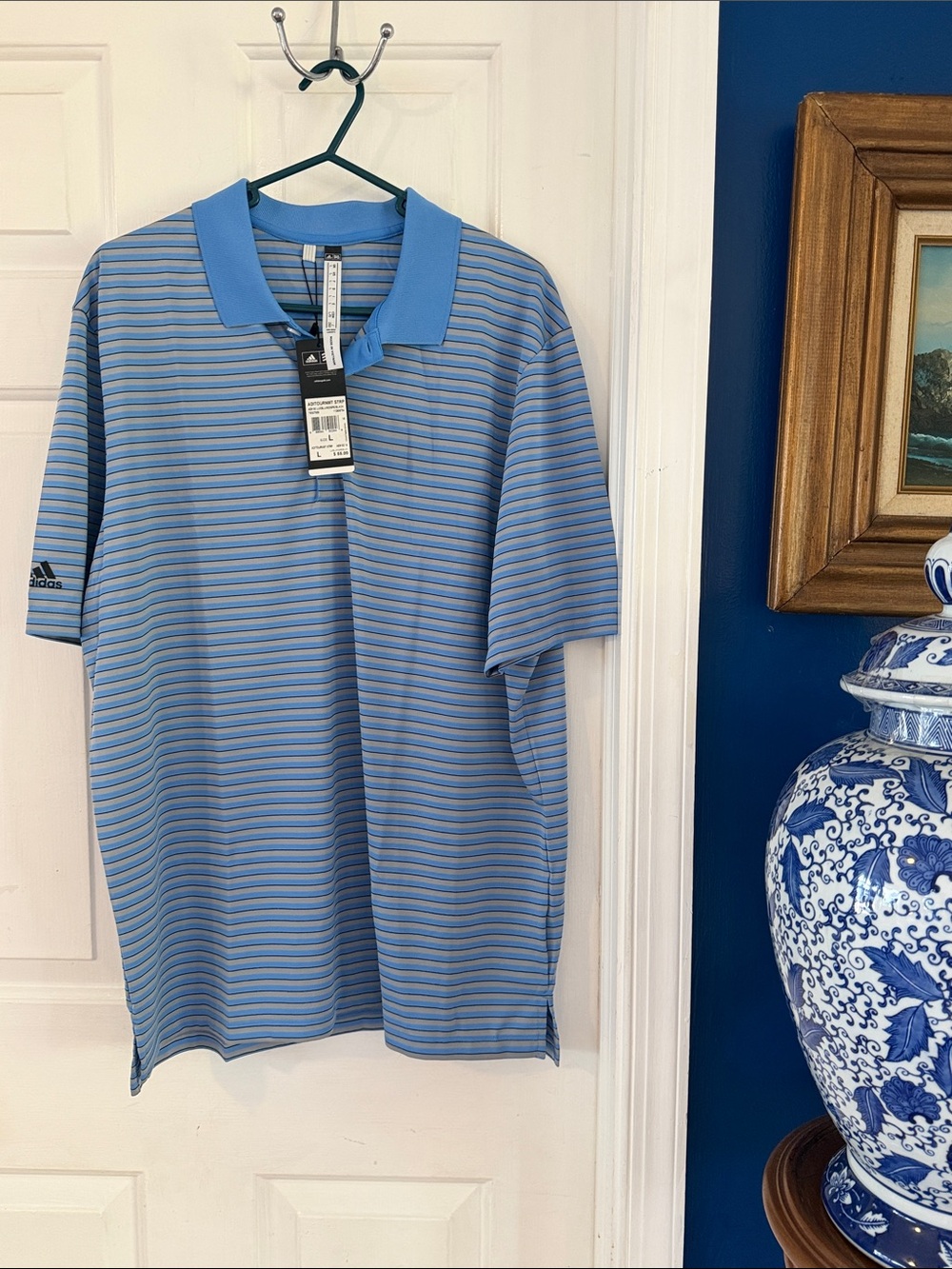 NWT Men’s Adidas Blue & Grey Striped 100% Polyester Athletic Golf Polo Size L